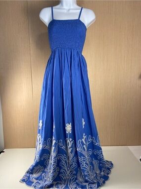 NWT BSUBSEACH Blue Embroidered Smocked Maxi Dress Large